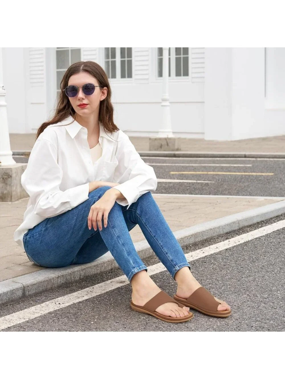 Women's Brown Flat Sandals Comfortable Walking Dressy Slides Casual Shoes